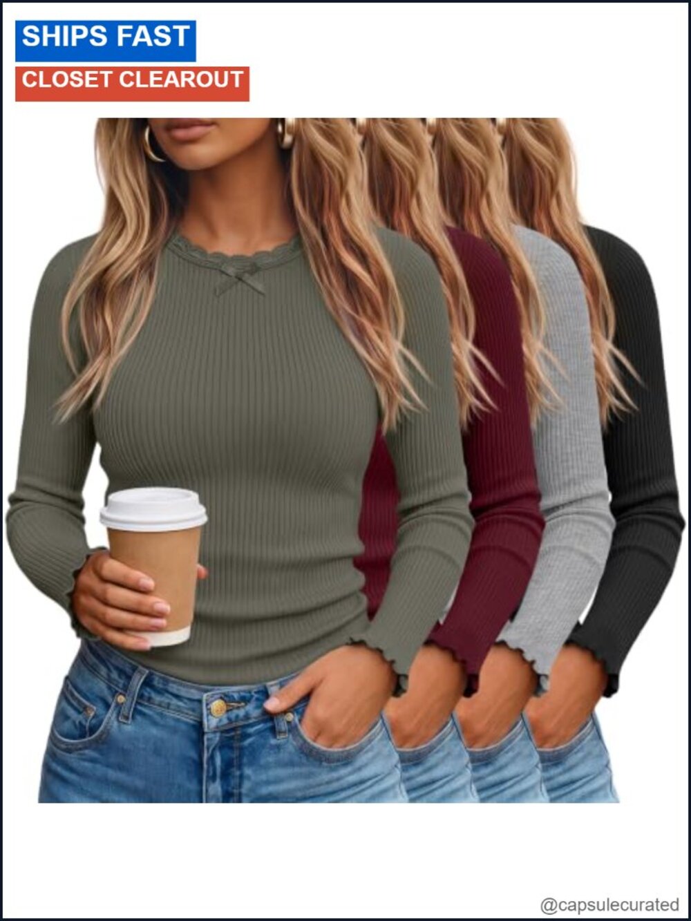 4 Pack Lace Long Sleeve Ribbed Knit Tops Slim Fit Crew Neck